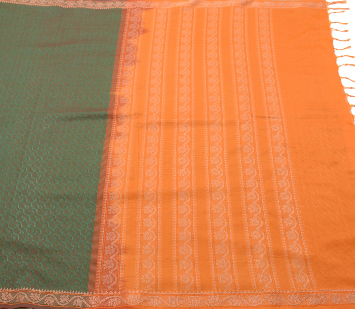 Sushila Vintage Green Dual Tone Saree 100% Pure Cotton Woven Paisley Sari Fabric