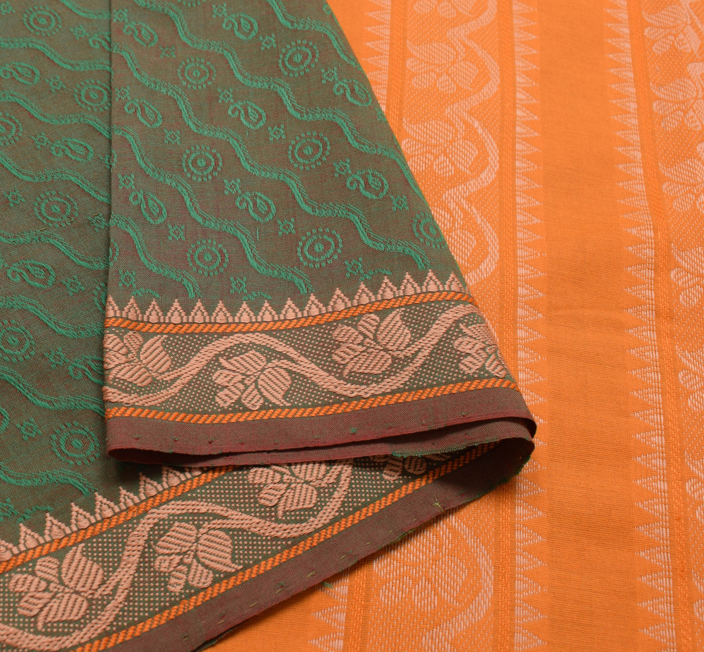 Sushila Vintage Green Dual Tone Saree 100% Pure Cotton Woven Paisley Sari Fabric