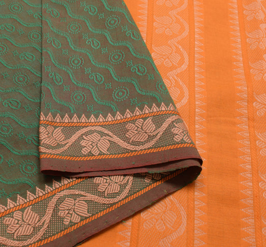 Sushila Vintage Green Dual Tone Saree 100% Pure Cotton Woven Paisley Sari Fabric