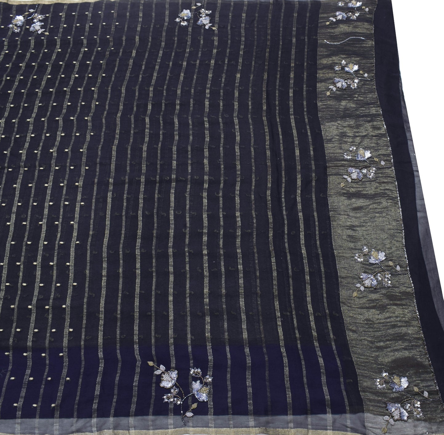 Sushila Vintage Pure Chiffon Silk Saree Dark Blue Zari Woven Elegant Sari Fabric