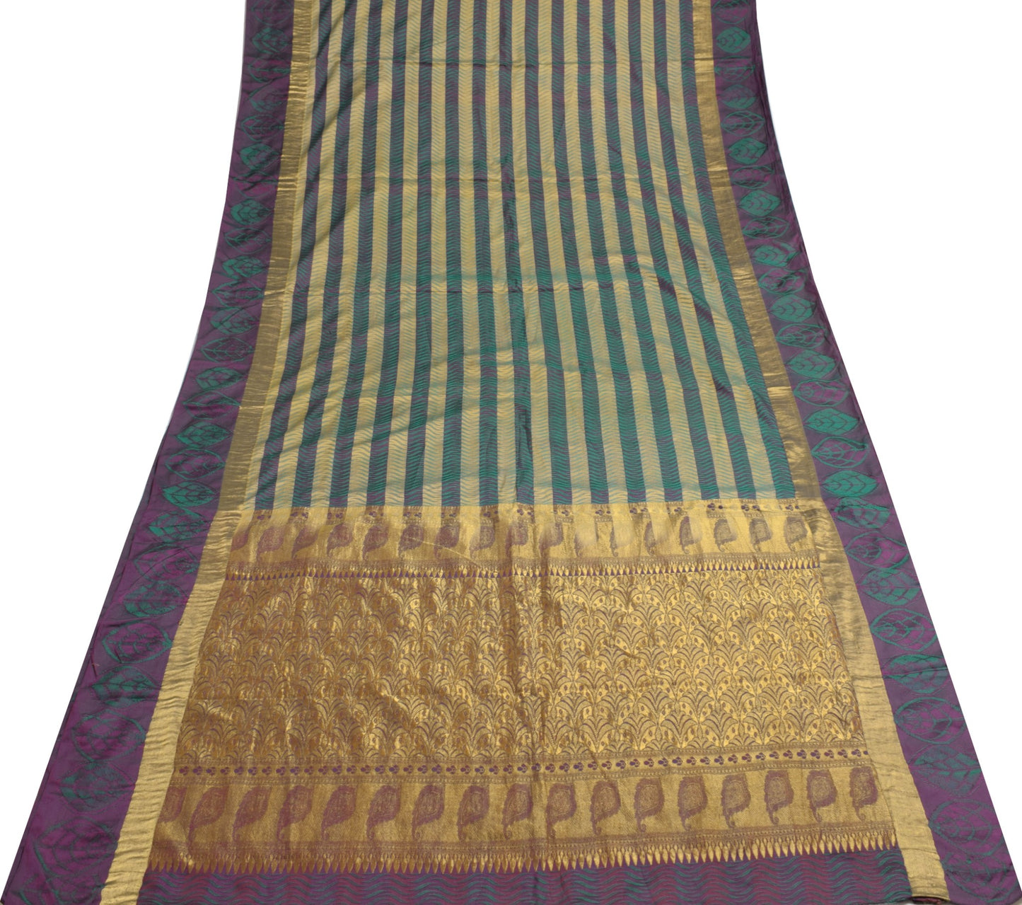 Sushila Vintage Purple Green Saree 100% Pure Silk Soft Woven Stripes Sari Fabric