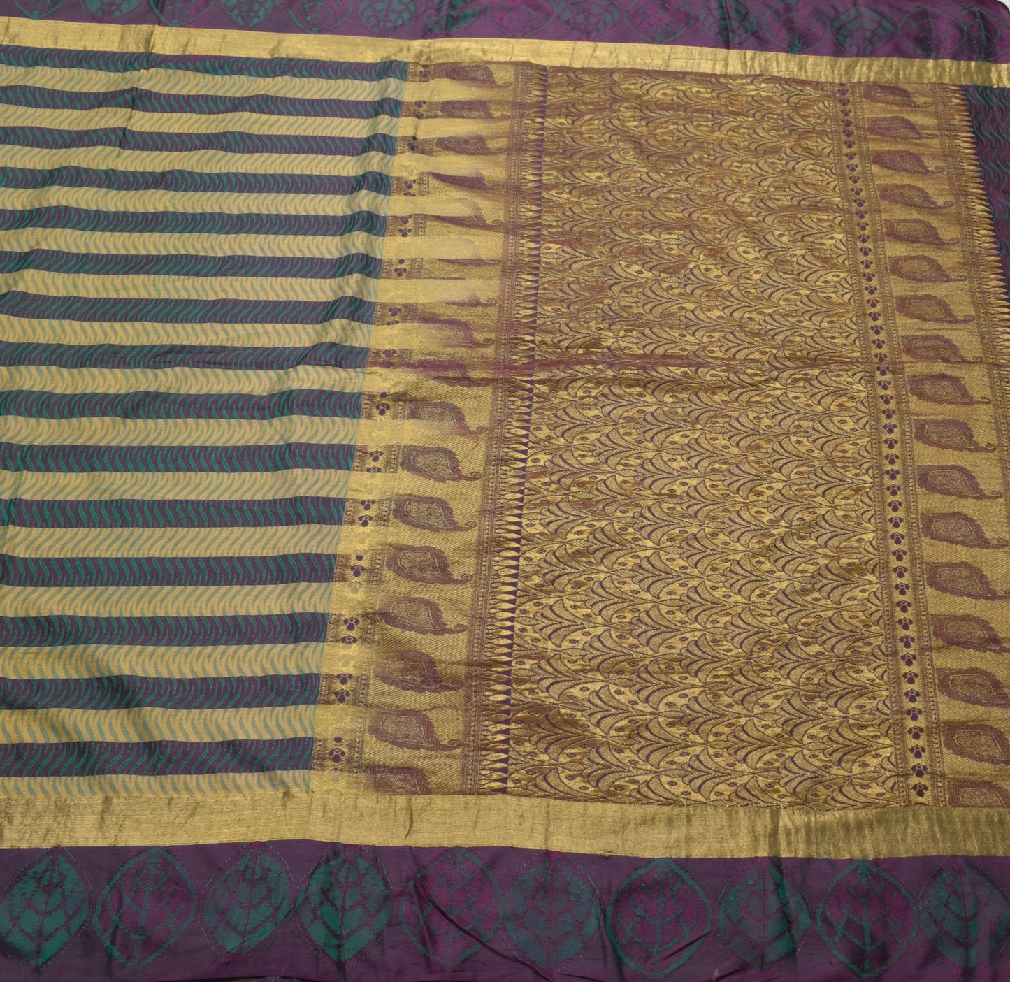 Sushila Vintage Purple Green Saree 100% Pure Silk Soft Woven Stripes Sari Fabric