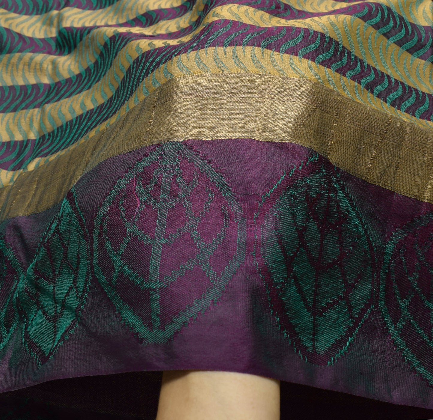 Sushila Vintage Purple Green Saree 100% Pure Silk Soft Woven Stripes Sari Fabric