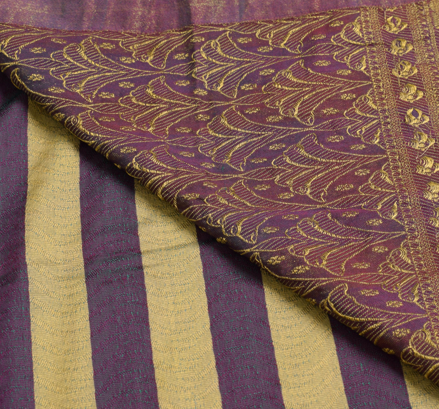 Sushila Vintage Purple Green Saree 100% Pure Silk Soft Woven Stripes Sari Fabric