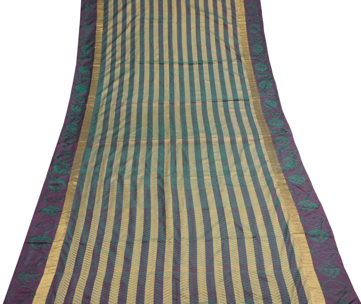 Sushila Vintage Purple Green Saree 100% Pure Silk Soft Woven Stripes Sari Fabric