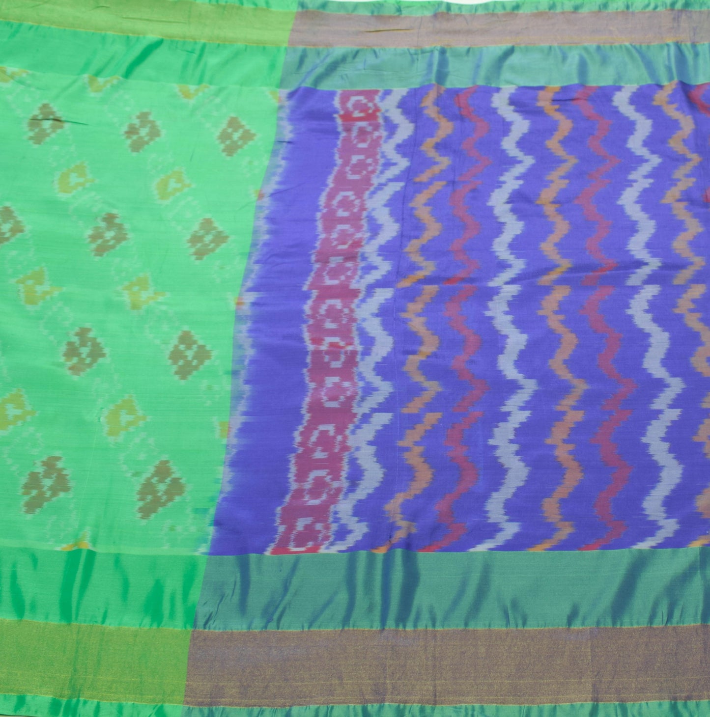 Sushila Vintage Ikkat Pochampally Sari Art Silk Light Weight Green Sari Fabric