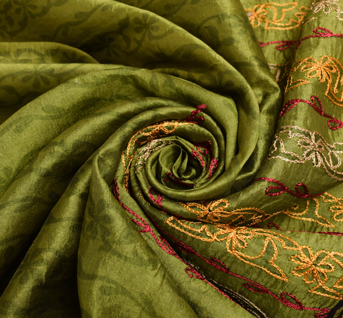 Sushila Vintage Green Aari Work Saree 100% Pure Silk Floral Printed Sari Fabric