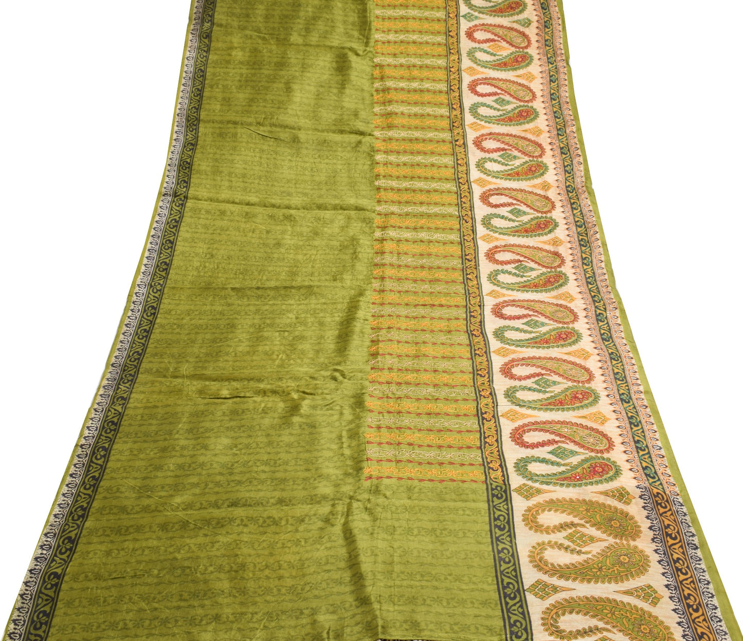 Sushila Vintage Green Aari Work Saree 100% Pure Silk Floral Printed Sari Fabric