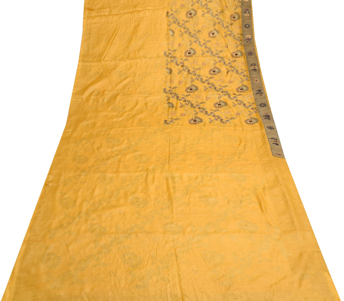 Sushila Vintage Mustard Embroidered Saree 100% Pure Tussar Silk Soft Sari Fabric