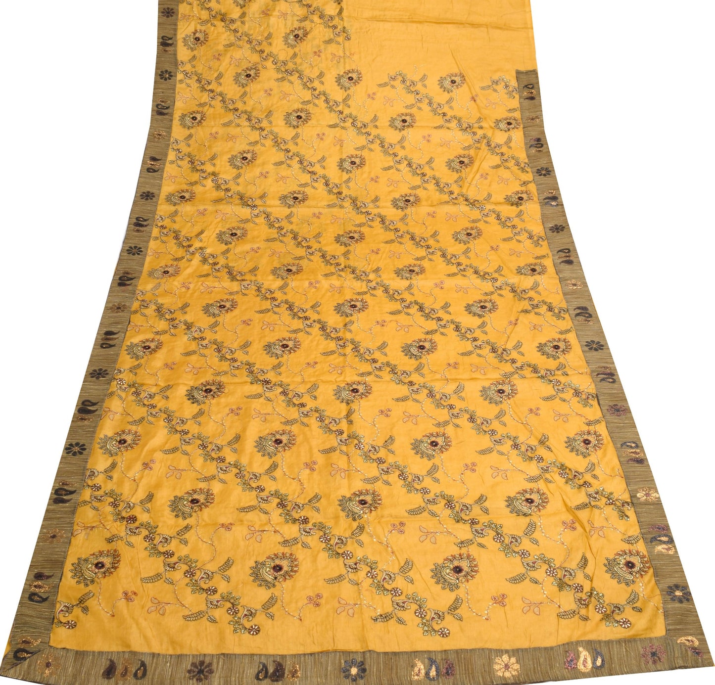 Sushila Vintage Mustard Embroidered Saree 100% Pure Tussar Silk Soft Sari Fabric