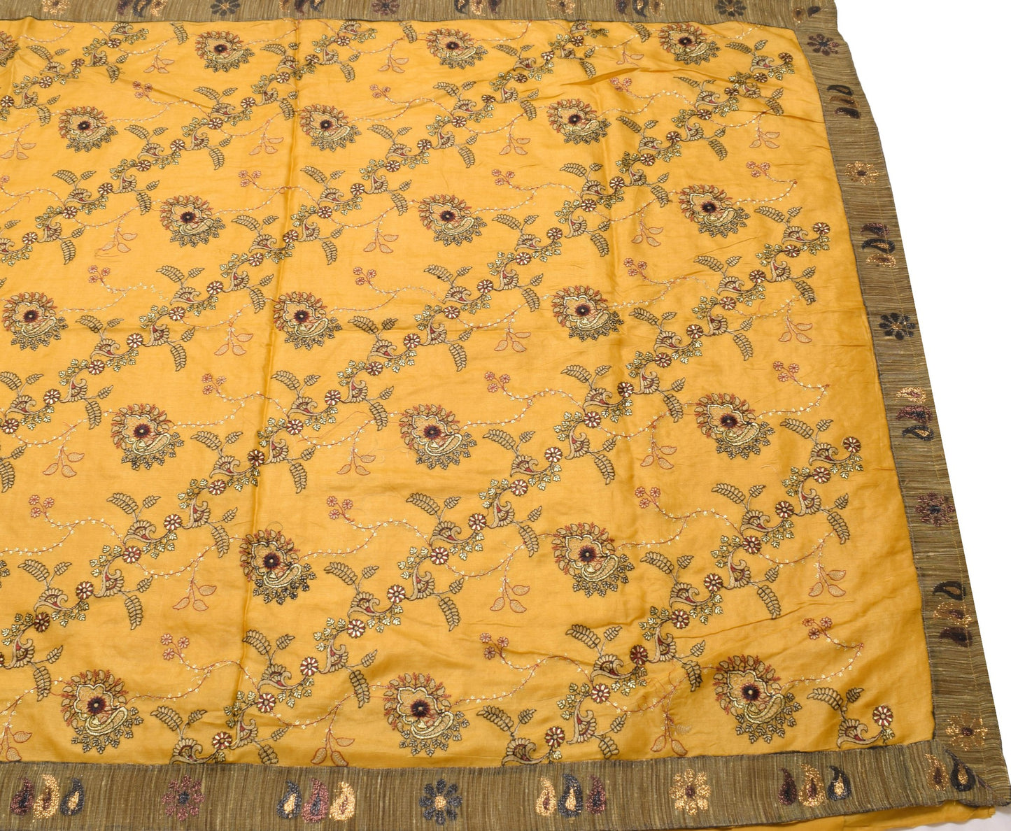 Sushila Vintage Mustard Embroidered Saree 100% Pure Tussar Silk Soft Sari Fabric