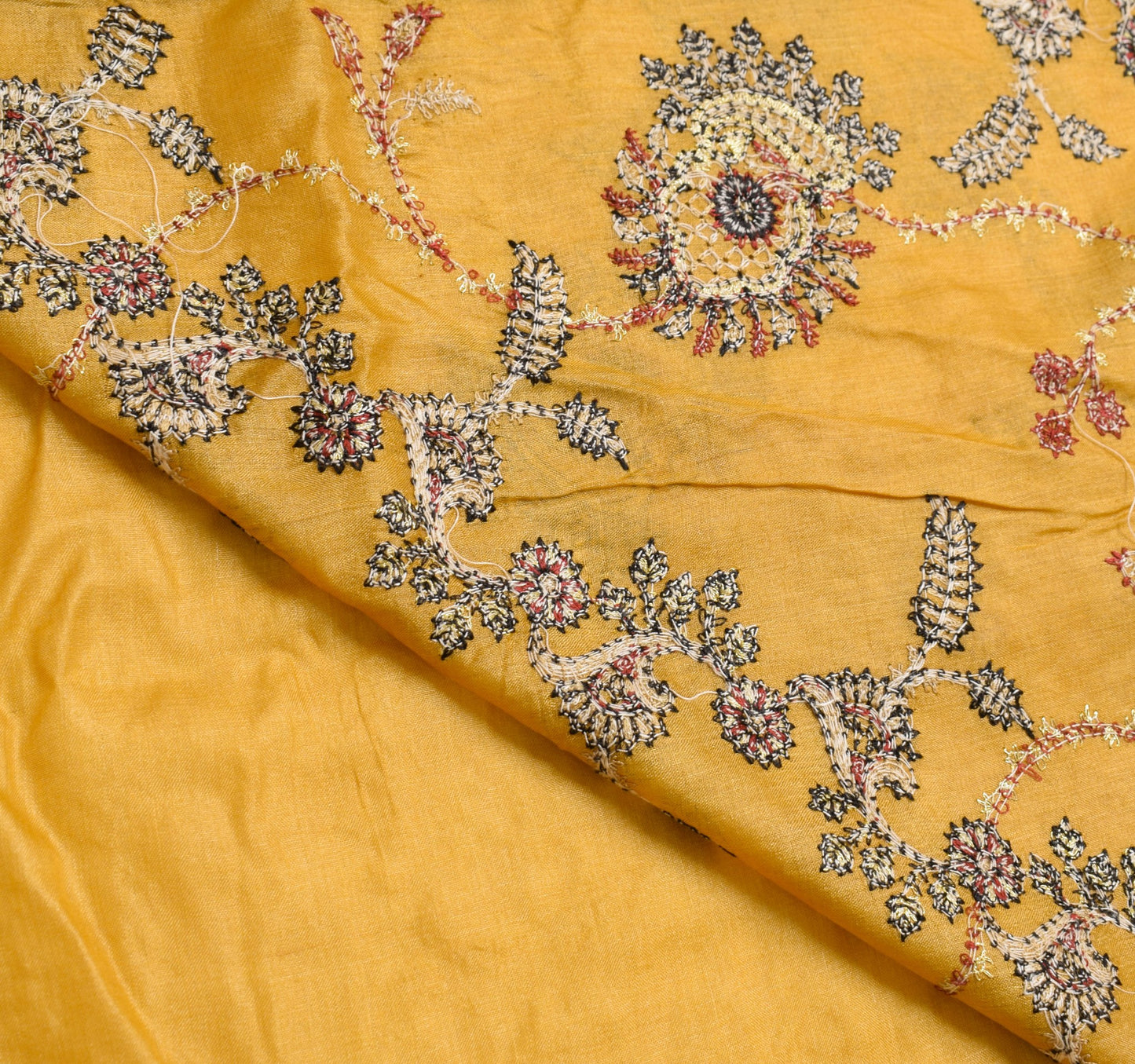 Sushila Vintage Mustard Embroidered Saree 100% Pure Tussar Silk Soft Sari Fabric