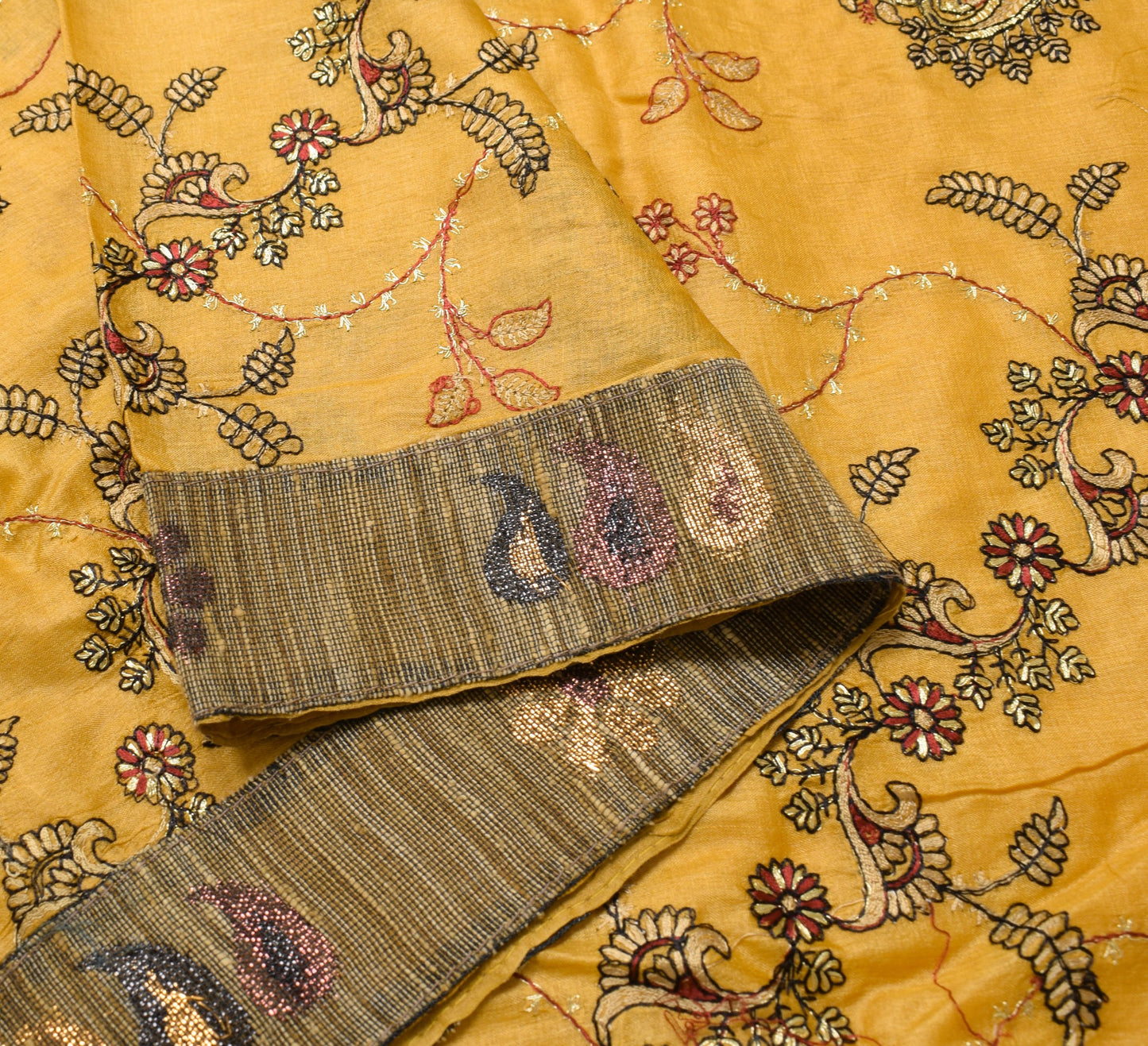 Sushila Vintage Mustard Embroidered Saree 100% Pure Tussar Silk Soft Sari Fabric