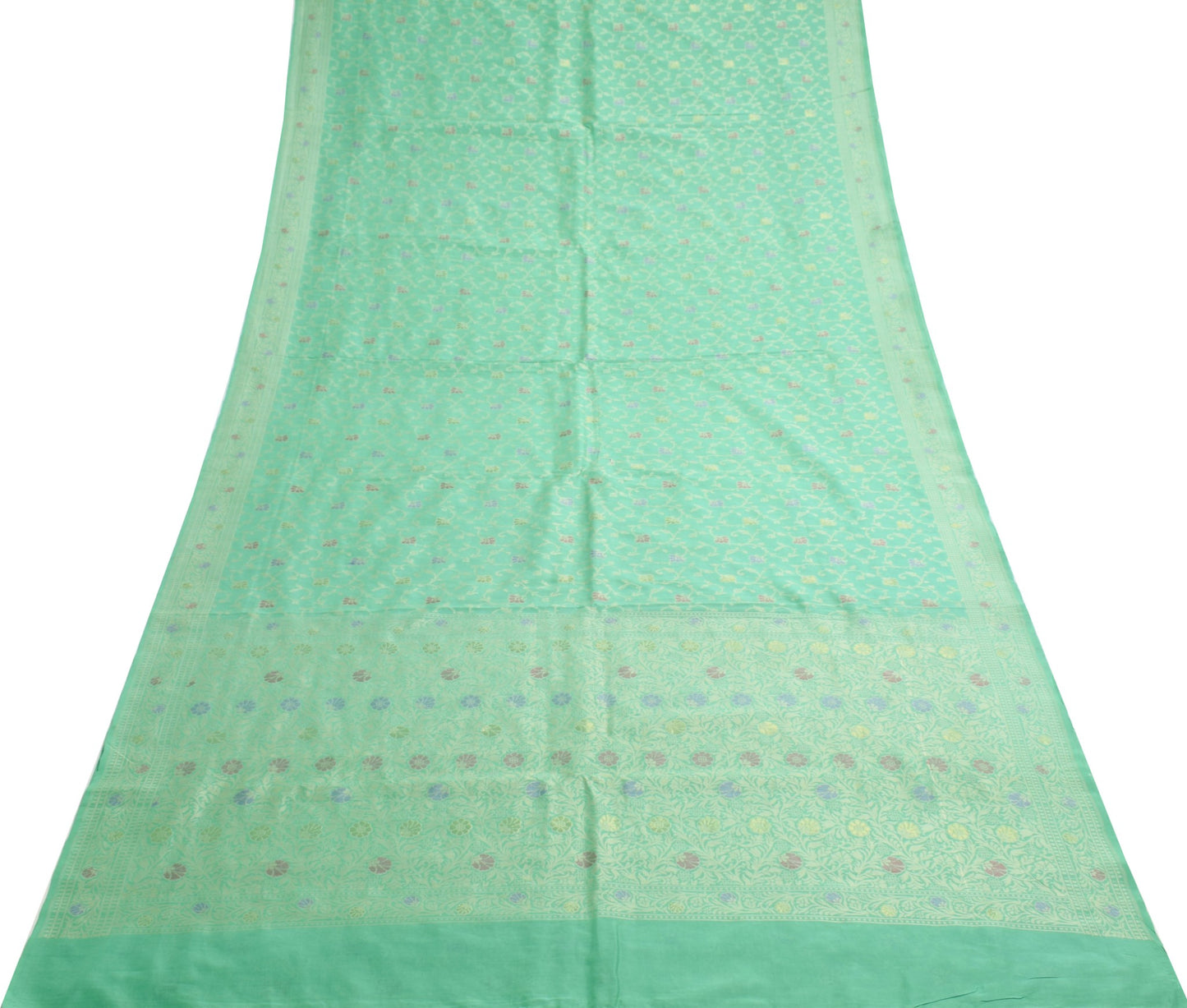 Sushila Vintage Aqua Green Saree 100% Pure Silk Floral Resham Woven Sari Fabric