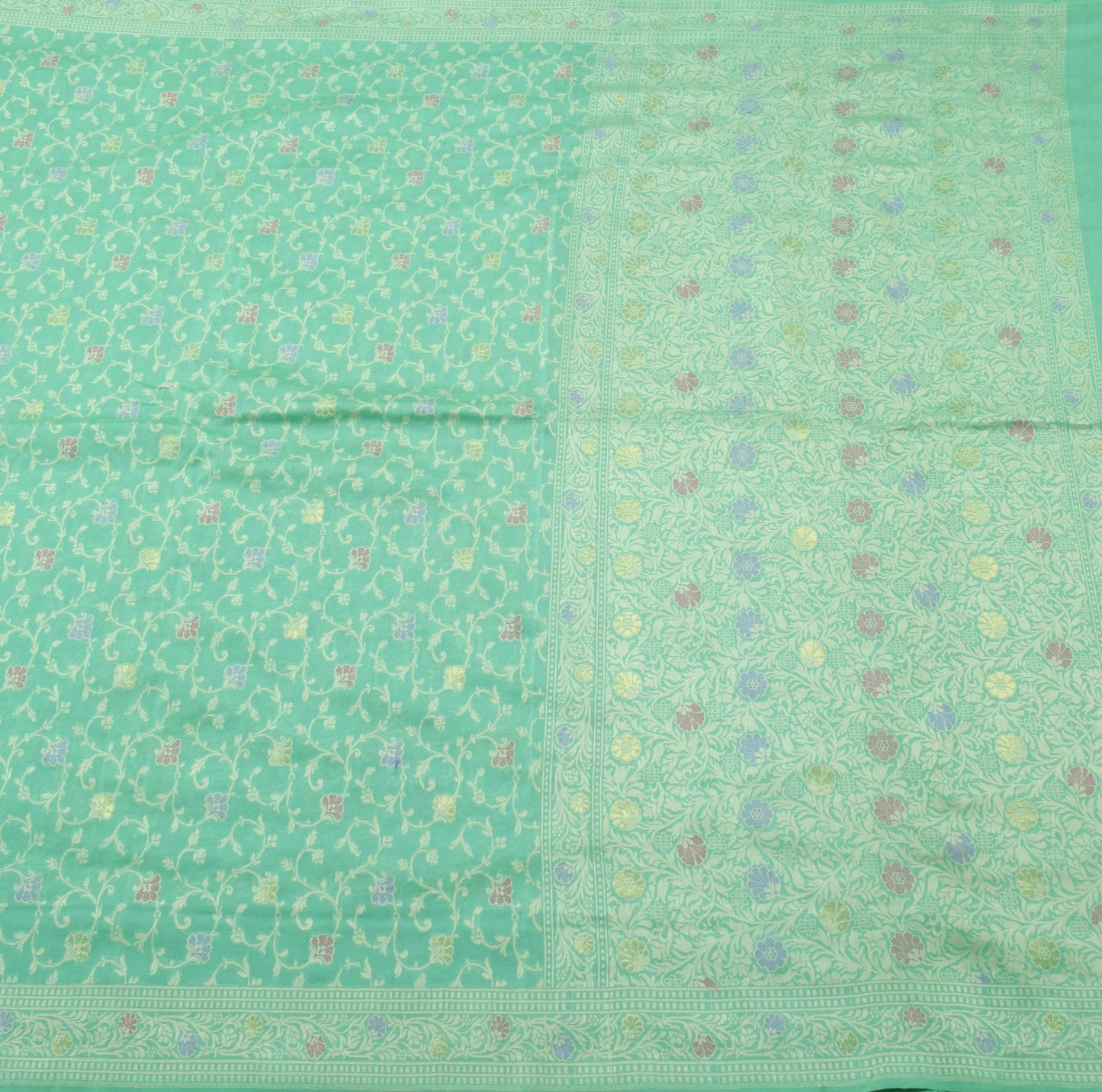 Sushila Vintage Aqua Green Saree 100% Pure Silk Floral Resham Woven Sari Fabric