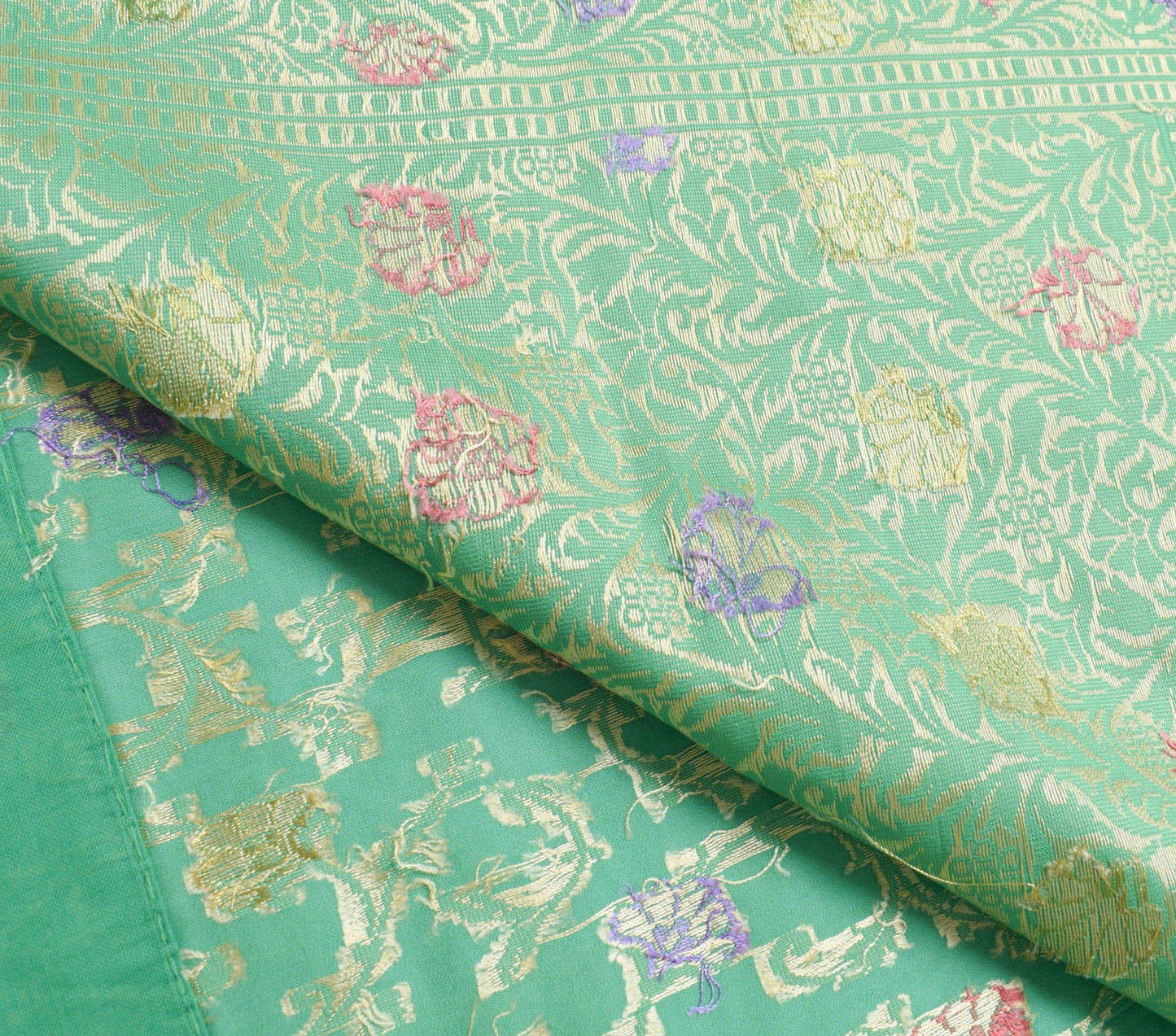 Sushila Vintage Aqua Green Saree 100% Pure Silk Floral Resham Woven Sari Fabric