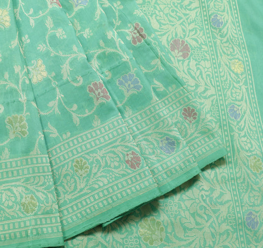 Sushila Vintage Aqua Green Saree 100% Pure Silk Floral Resham Woven Sari Fabric