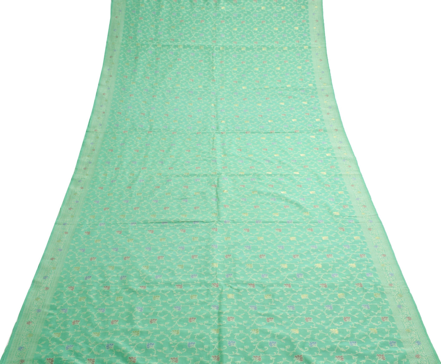 Sushila Vintage Aqua Green Saree 100% Pure Silk Floral Resham Woven Sari Fabric