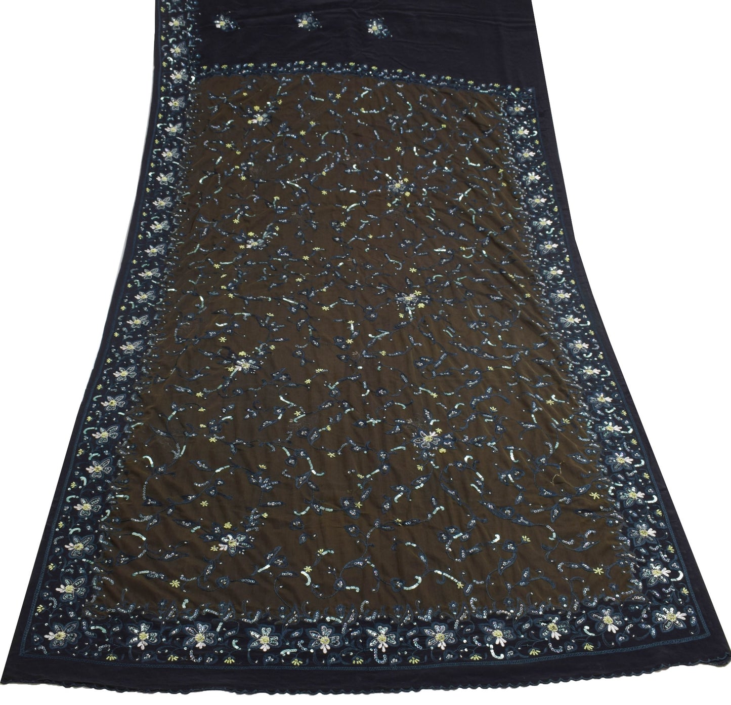 Sushila Vintage Black Designer Saree Pure Crepe & Net Embroidered Sari Fabric