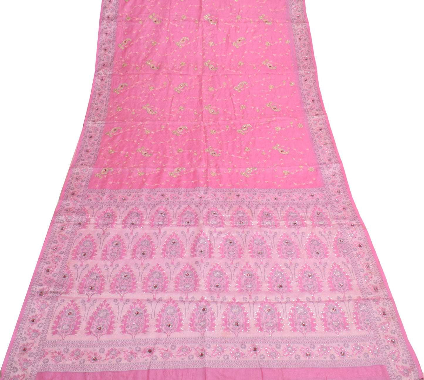 Sushila Vintage Pink Saree Pure Tussar Silk Sequins Work & Woven Sari Fabric