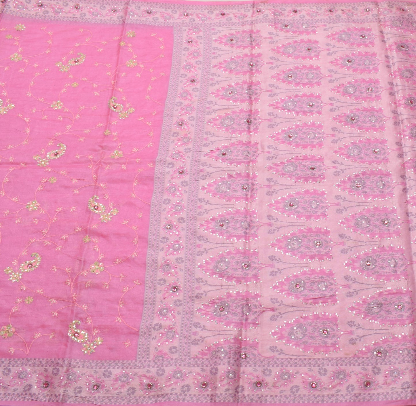 Sushila Vintage Pink Saree Pure Tussar Silk Sequins Work & Woven Sari Fabric