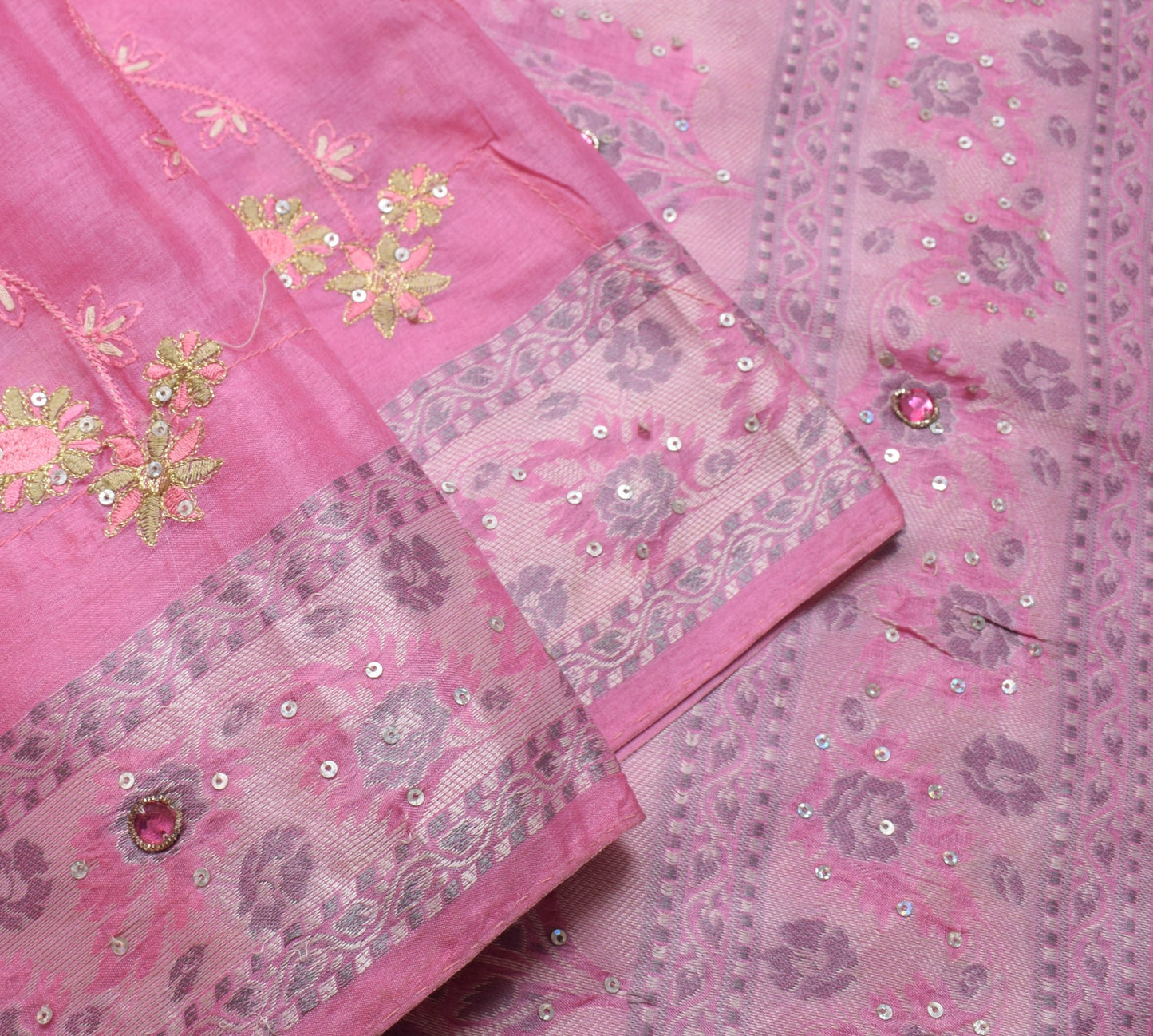 Sushila Vintage Pink Saree Pure Tussar Silk Sequins Work & Woven Sari Fabric