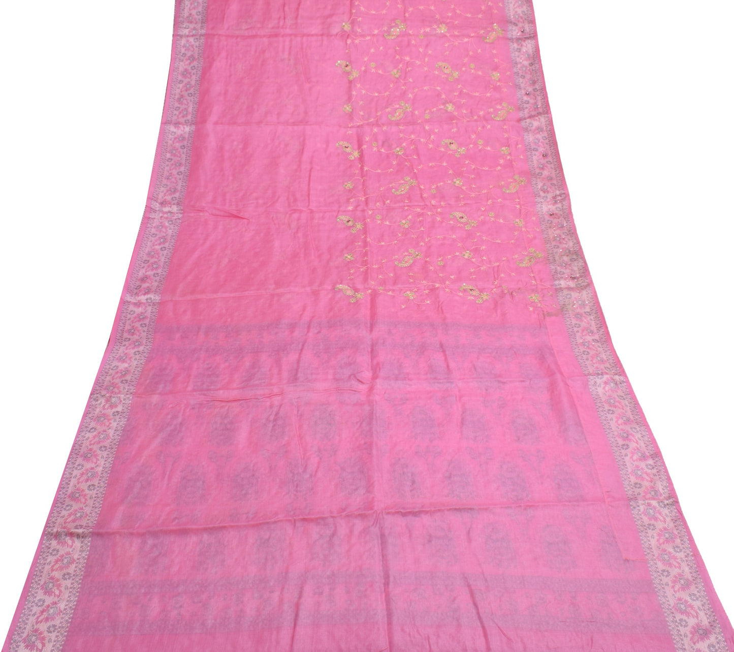 Sushila Vintage Pink Saree Pure Tussar Silk Sequins Work & Woven Sari Fabric