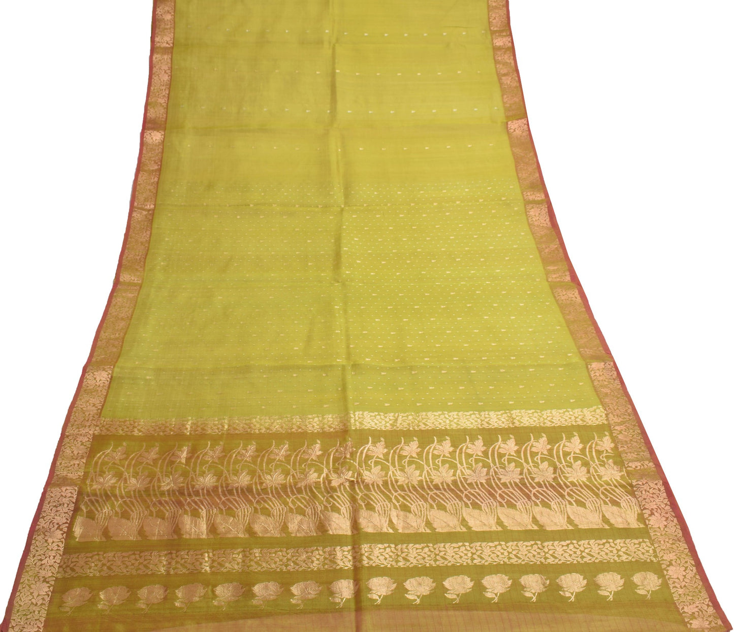 Sushila Vintage Olive Green Saree With Contrast Zari Border Pure SilkSari Fabric