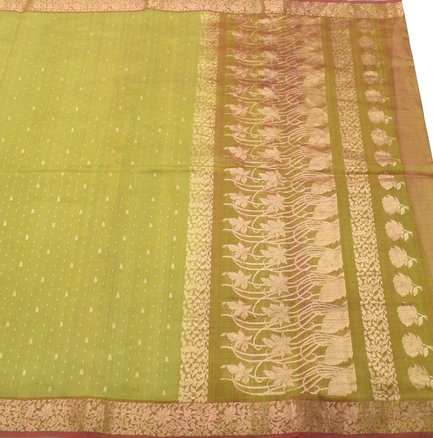 Sushila Vintage Olive Green Saree With Contrast Zari Border Pure SilkSari Fabric