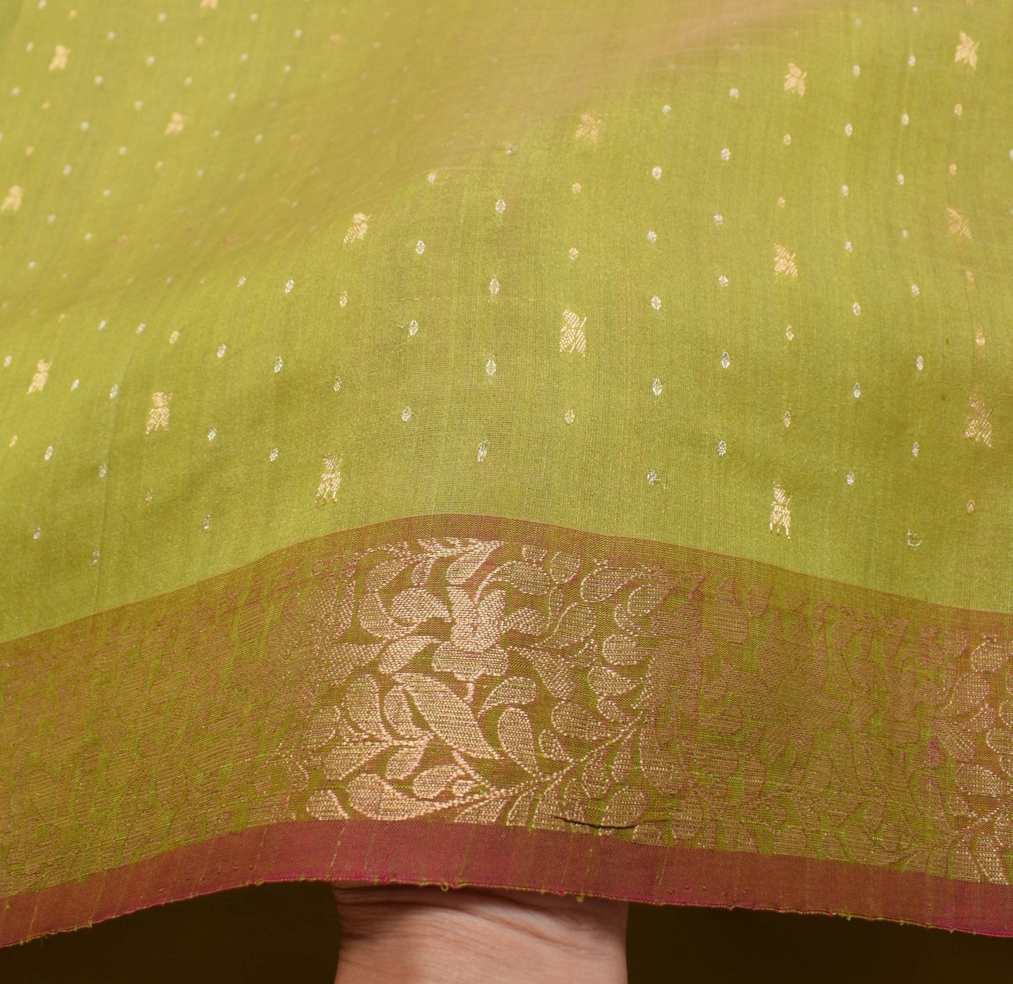 Sushila Vintage Olive Green Saree With Contrast Zari Border Pure SilkSari Fabric