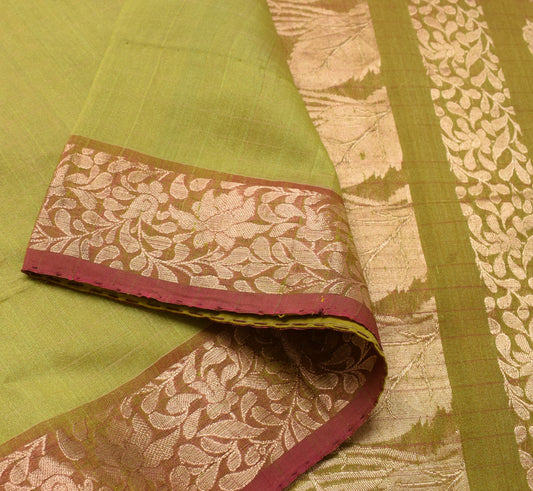 Sushila Vintage Olive Green Saree With Contrast Zari Border Pure SilkSari Fabric