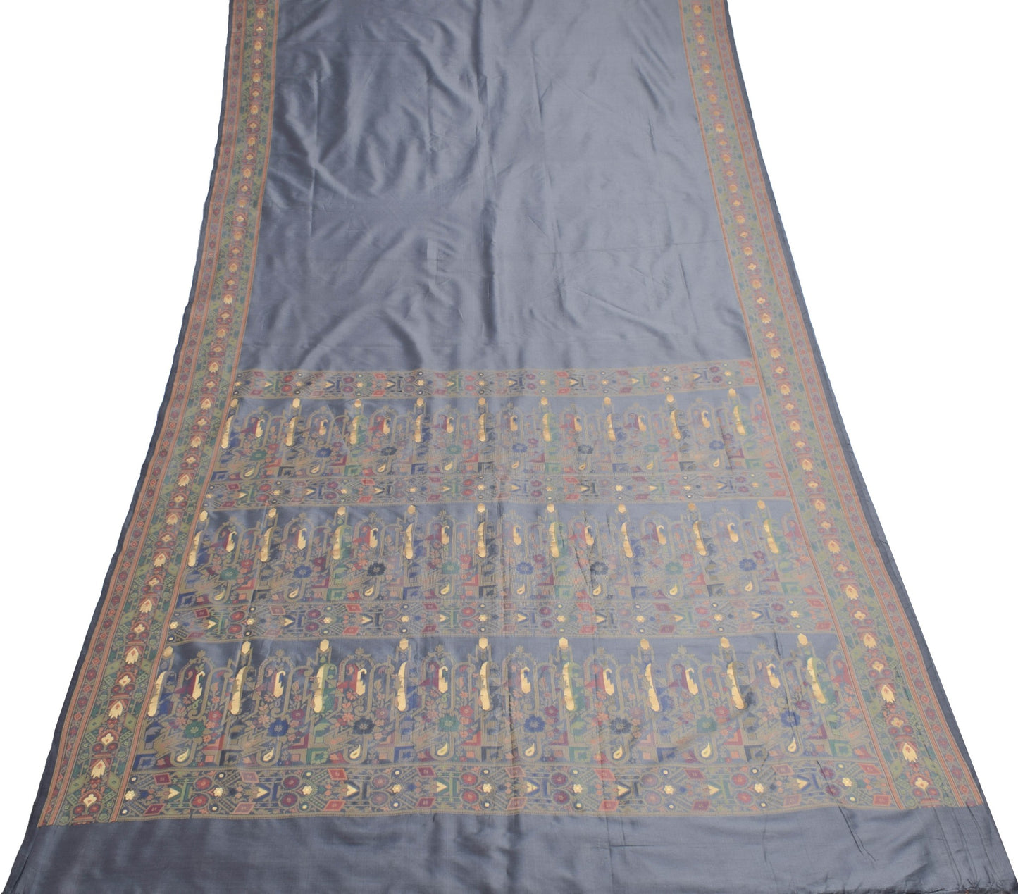 Sushila Vintage Gray Art Silk Saree With Woven Pallu Border Soft Sari 5YD Fabric