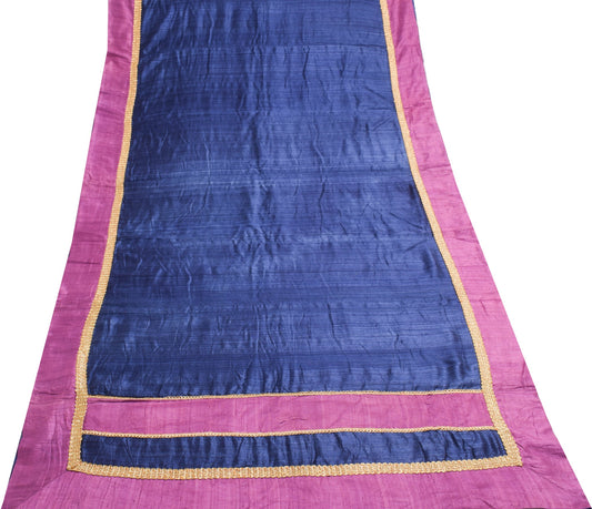 Sushila Vintage Blue Saree with Purple Border 100% Pure Silk  Sari Craft Fabric