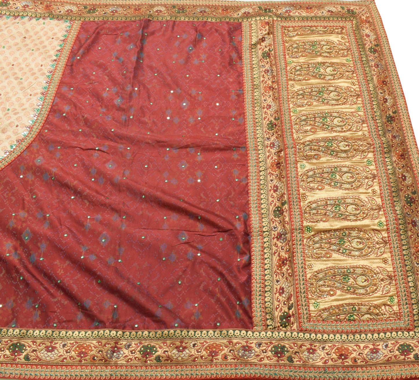 Sushila Vintage Maroon Beige Saree HEAVY Art Silk Patch Work Designer Fabric