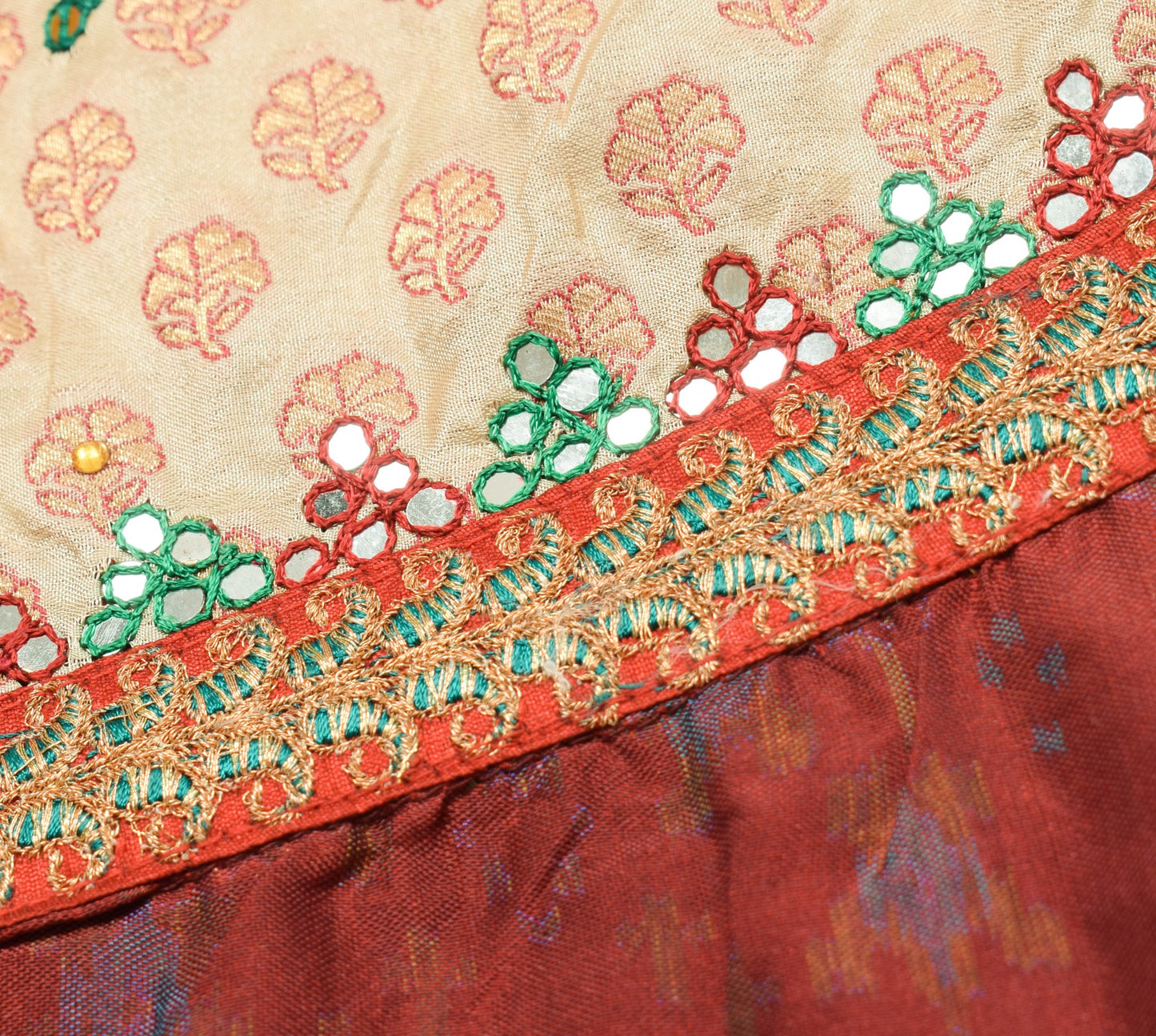 Sushila Vintage Maroon Beige Saree HEAVY Art Silk Patch Work Designer Fabric