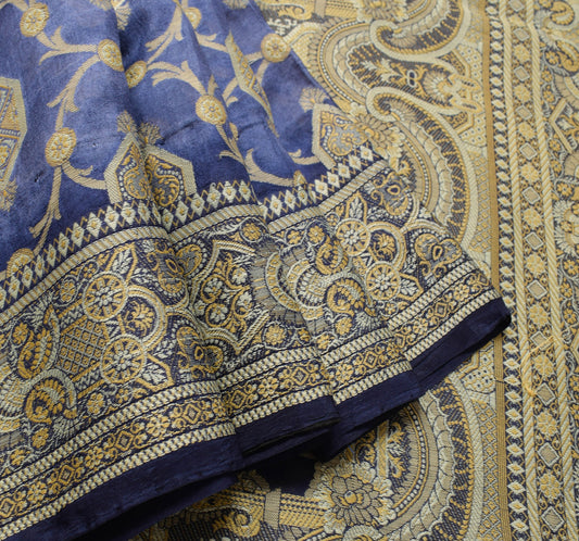 Sushila Vintage Blue Saree 100% Pure Silk Resham Woven Soft Sari Craft Fabric