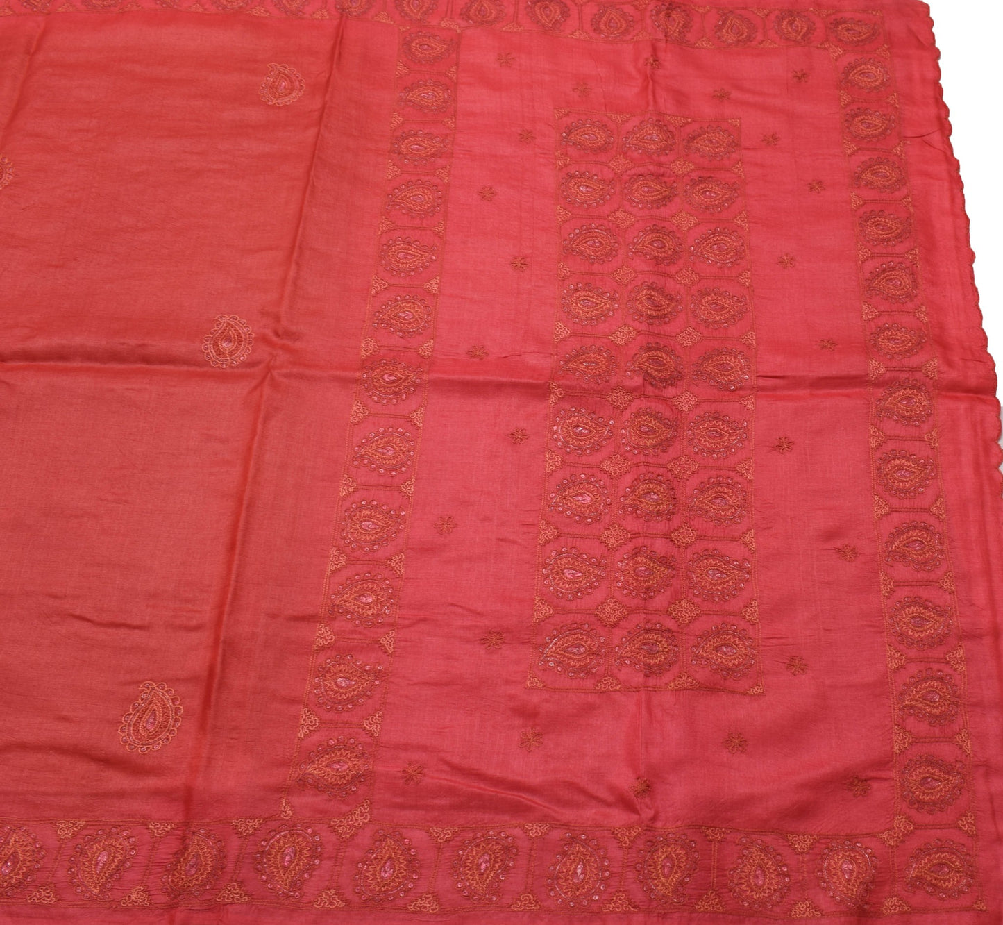 Sushila Vintage Rust Embroidered Saree 100% Pure Tussar Silk Sari Craft Fabric