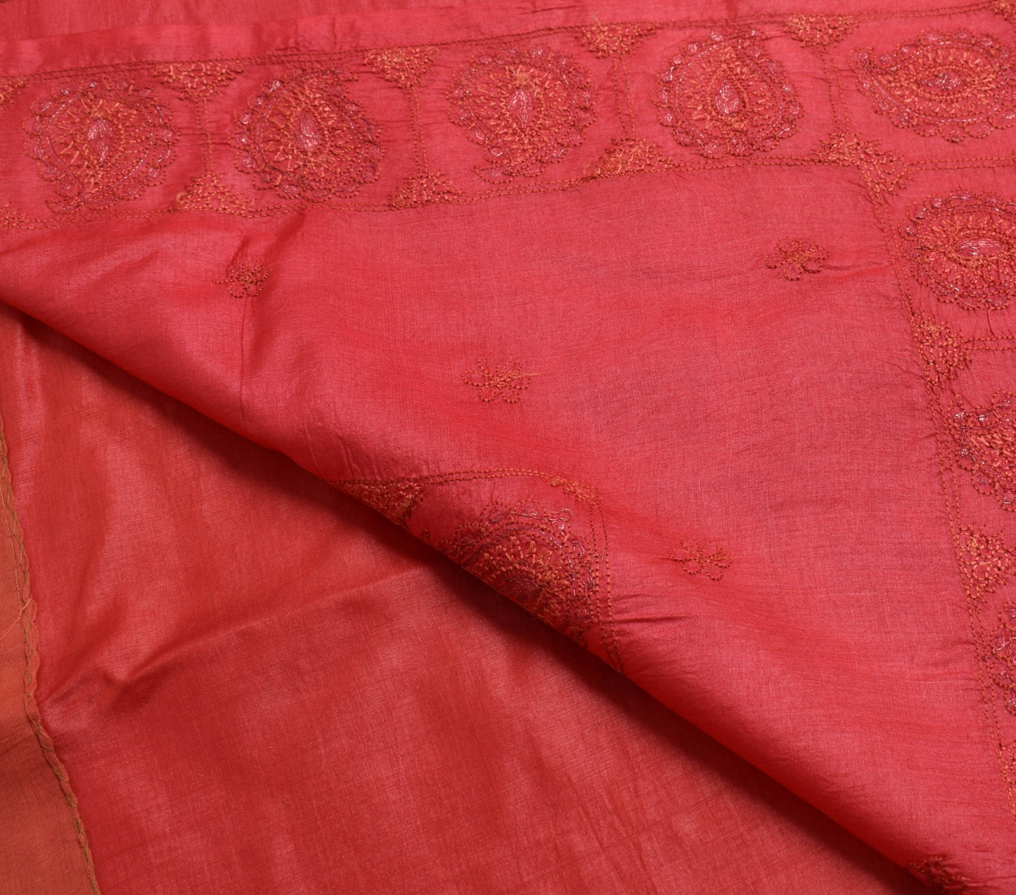 Sushila Vintage Rust Embroidered Saree 100% Pure Tussar Silk Sari Craft Fabric