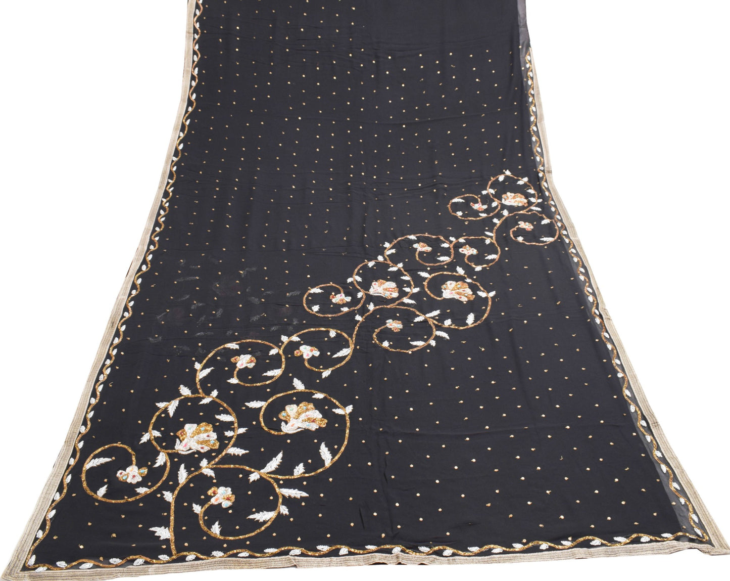 Sushila Vintage Black Saree Pure Georgette Copper Silver Zari Work Sari Fabric