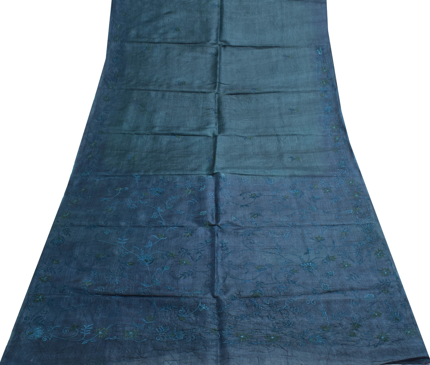 Sushila Vintage Dark Teal Blue Saree 100%Pure Silk Floral Embroidery Sari Fabric