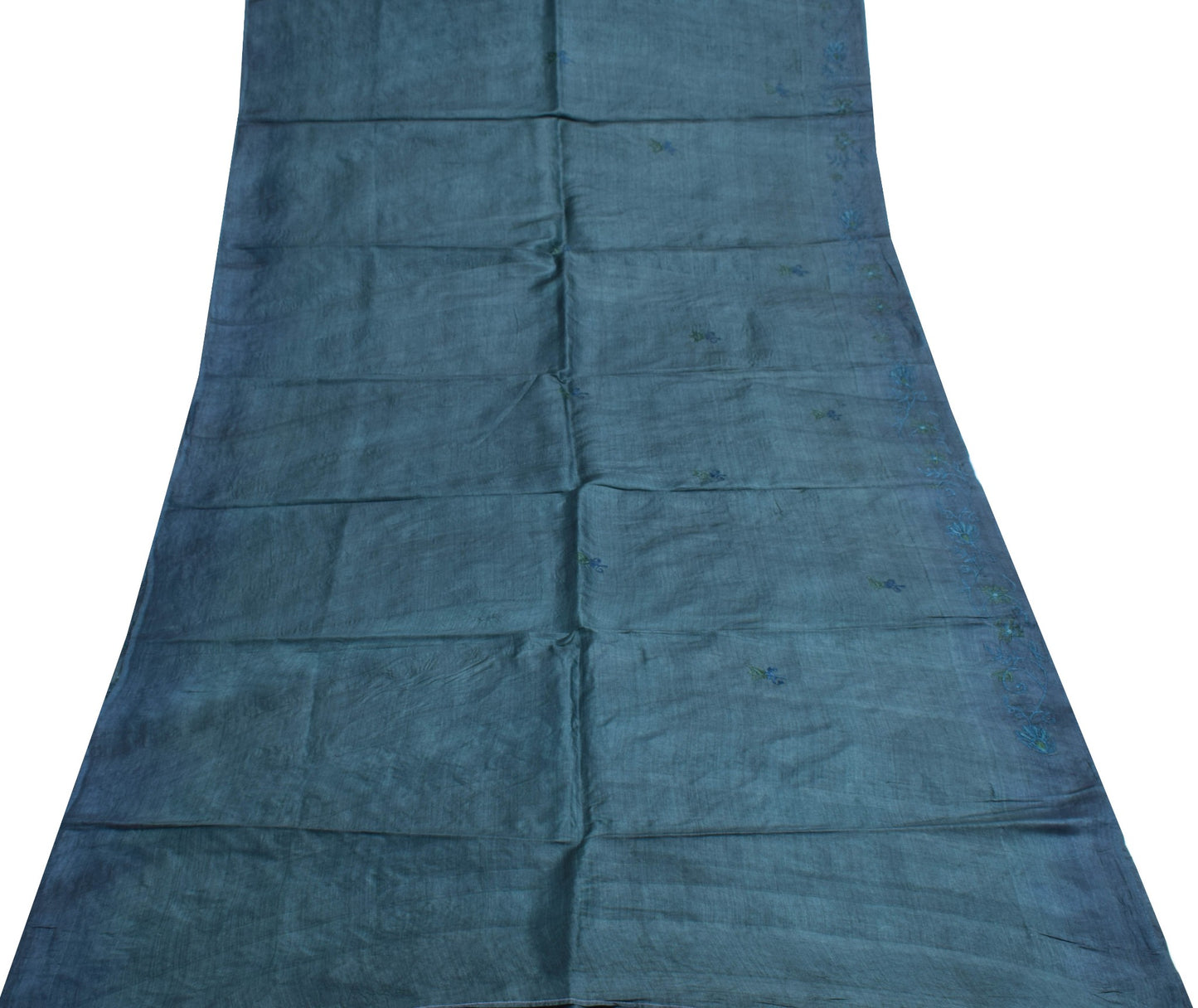 Sushila Vintage Dark Teal Blue Saree 100%Pure Silk Floral Embroidery Sari Fabric