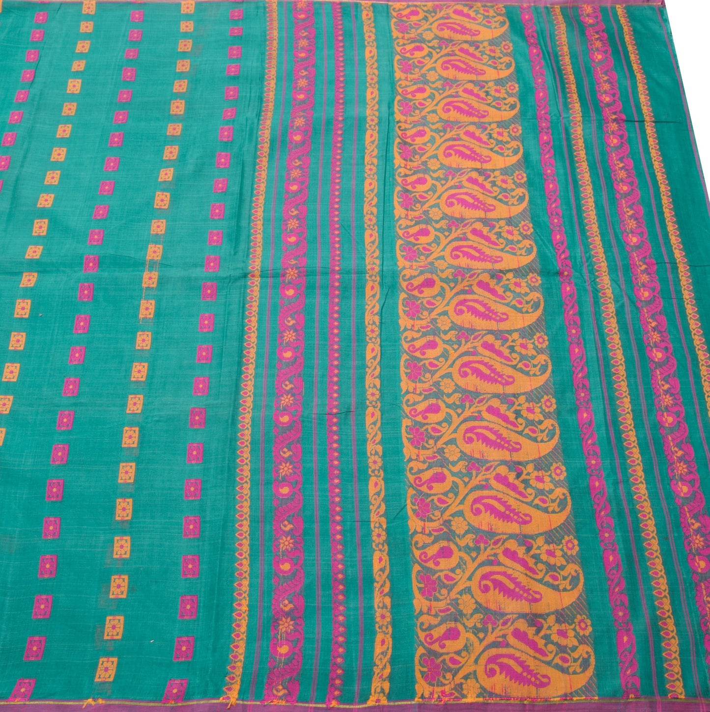 Sushila Vintage Teal Green Sari Ethnic Woven Design Pure Cotton Jamdani Saree