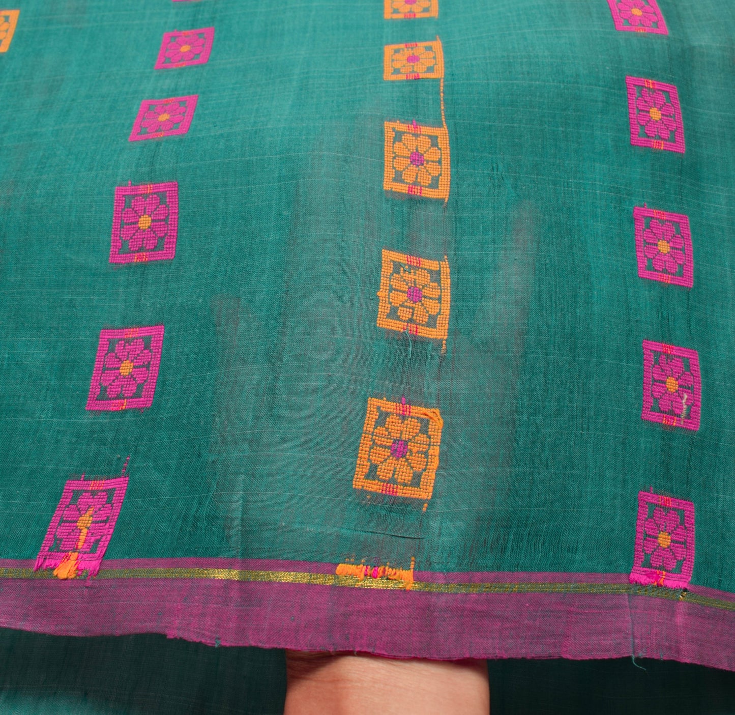 Sushila Vintage Teal Green Sari Ethnic Woven Design Pure Cotton Jamdani Saree