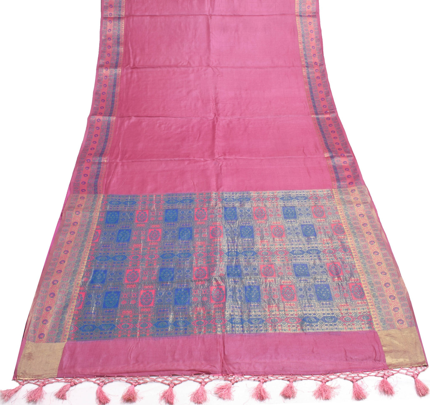 Sushila Vintage Plain Pink Saree Woven Broad Border Pure Tussar Silk Sari Fabric