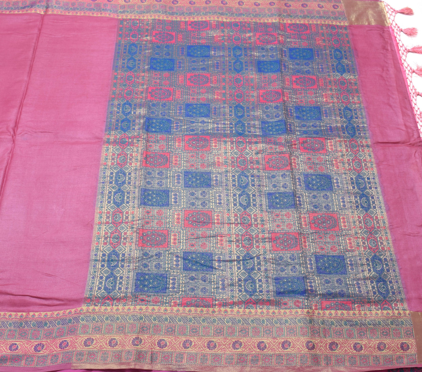 Sushila Vintage Plain Pink Saree Woven Broad Border Pure Tussar Silk Sari Fabric