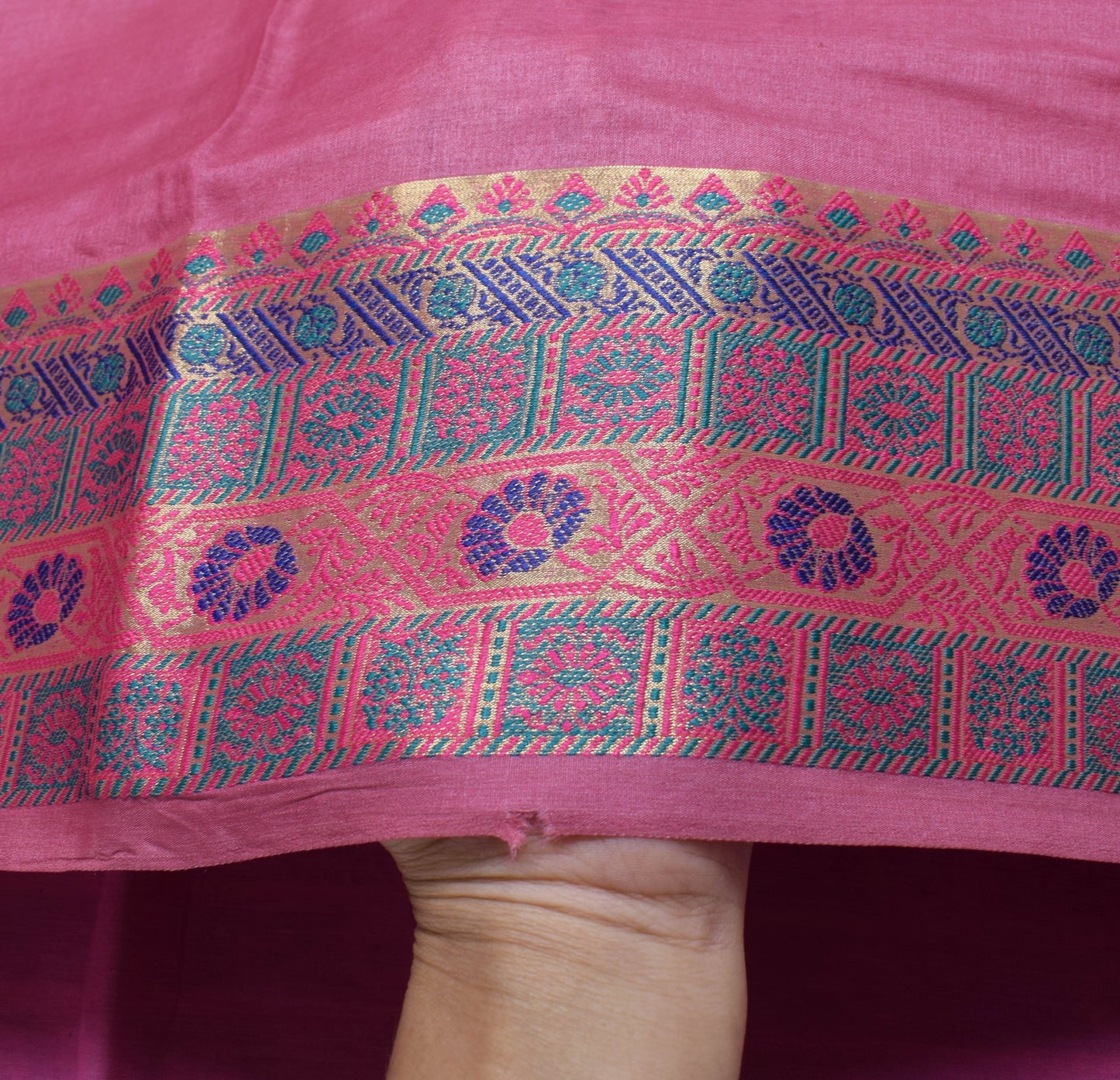 Sushila Vintage Plain Pink Saree Woven Broad Border Pure Tussar Silk Sari Fabric