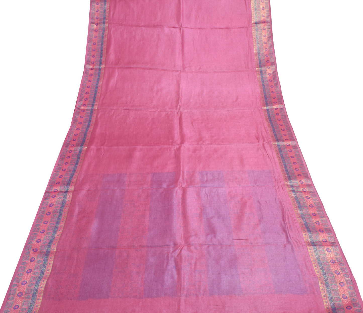 Sushila Vintage Plain Pink Saree Woven Broad Border Pure Tussar Silk Sari Fabric