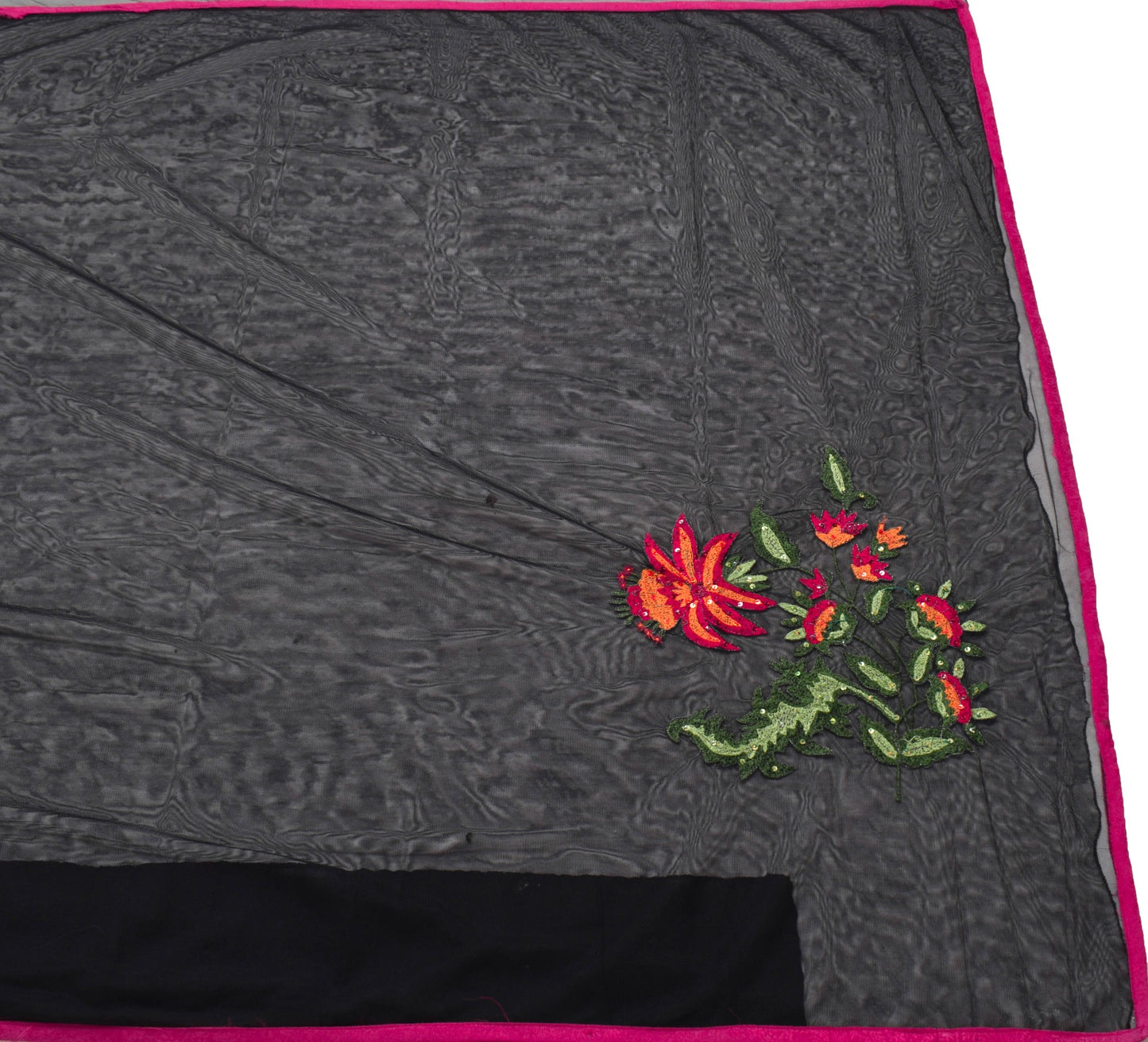 Sushila Vintage Black Net Mesh Saree Floral Embroidered Party Wear Sari Fabric