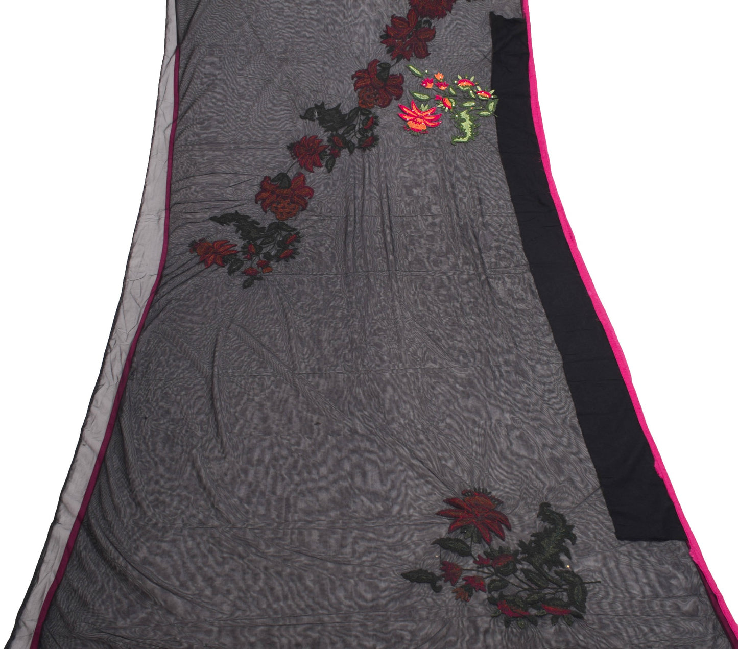 Sushila Vintage Black Net Mesh Saree Floral Embroidered Party Wear Sari Fabric