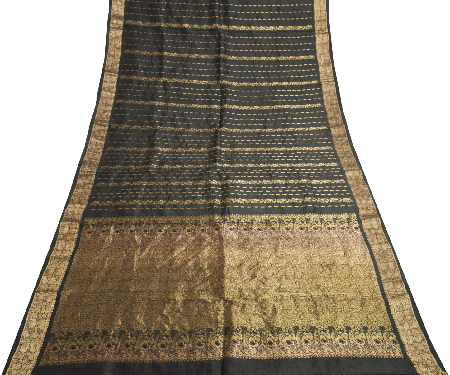 Sushila Vintage Kanjivaram Black Saree 100% Pure Silk Zari Woven 5YD Sari Fabric